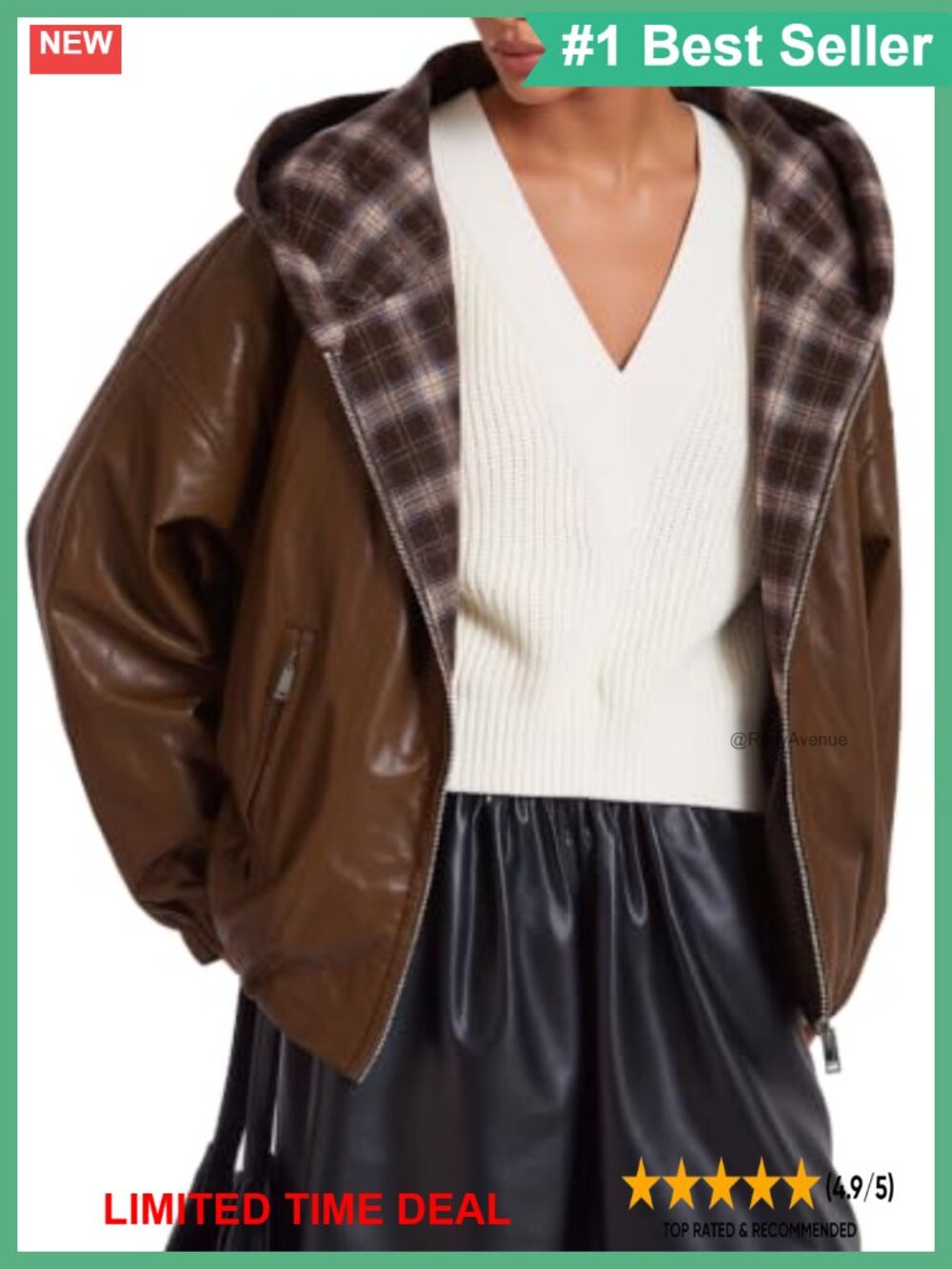 Faux Leather Cropped Moto Jacket Hooded Plaid Lined Zip Coat